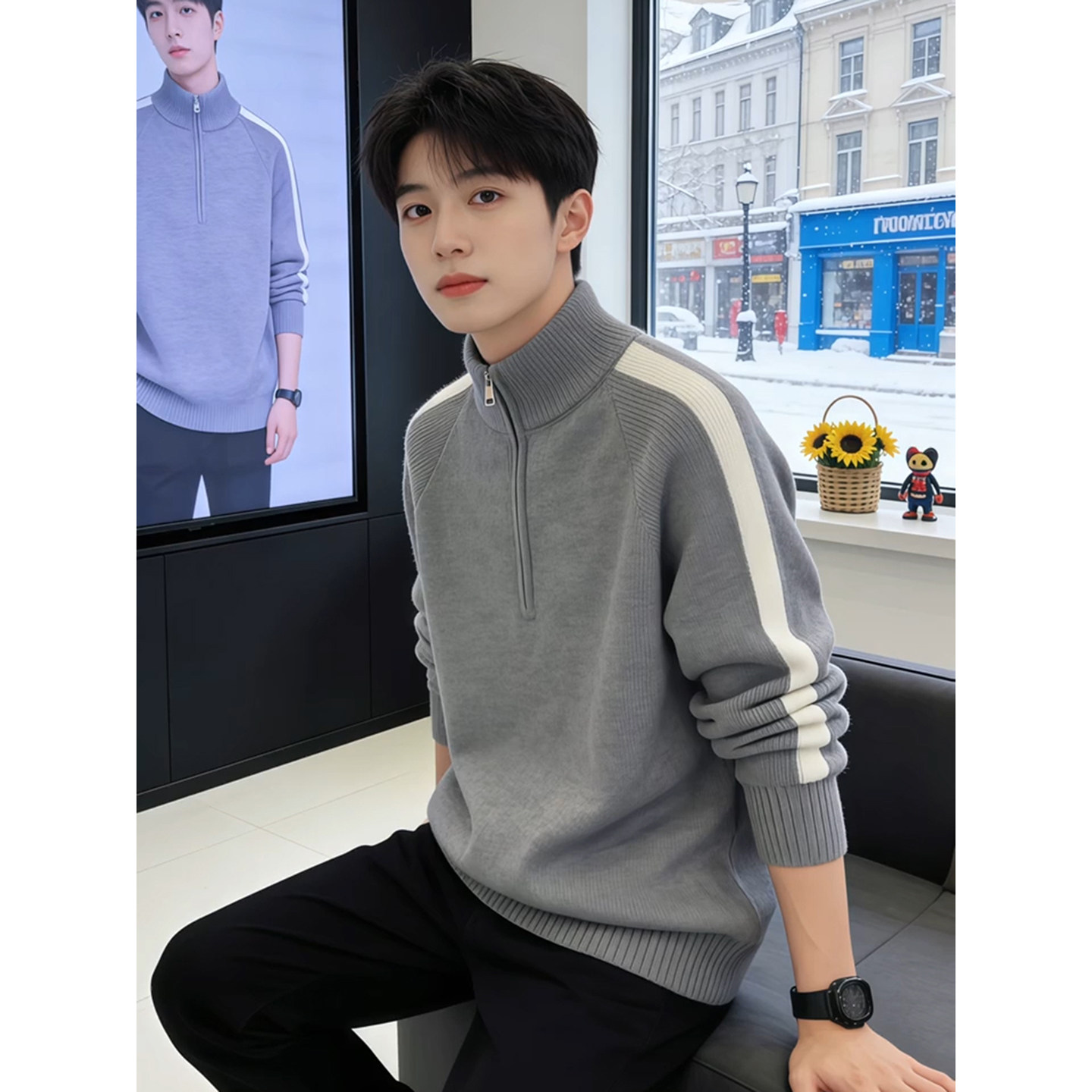 半高领拉链男士厚款加绒毛衣青少年套头针织衫可外穿加厚保暖线衣,男装,针织衫/毛衣,淘宝优惠券,粉丝福利购,淘宝优惠卷