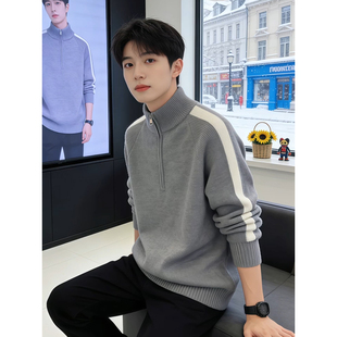 半高领拉链男士厚款加绒毛衣青少年套头针织衫可外穿加厚保暖线衣