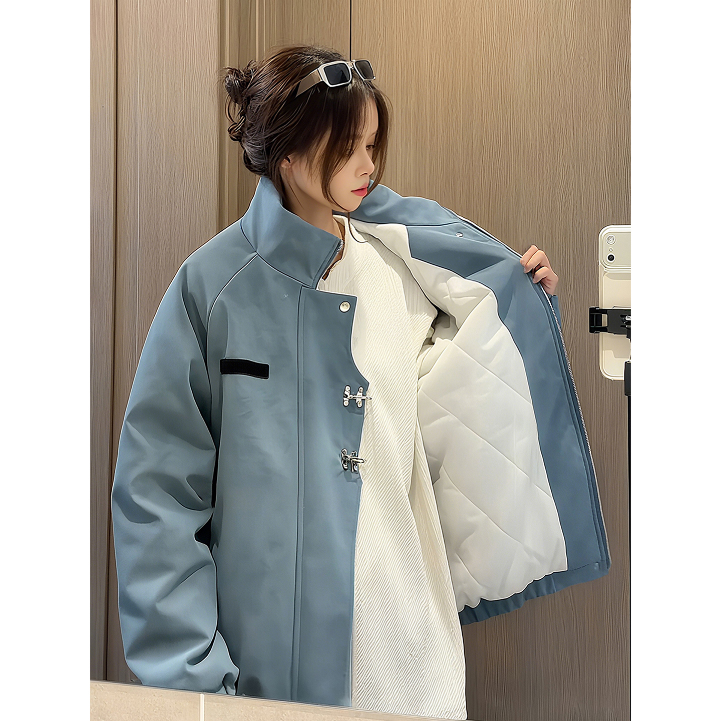 哑光蓝扎染皮衣棉服男女冬季美式