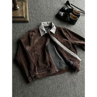 老钱棕千鸟格夹克男款秋季雪尼尔哈灵顿外套高级感老钱风短款外套