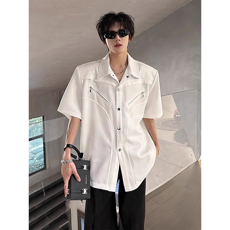 美式解构发型师短袖衬衫男款小众