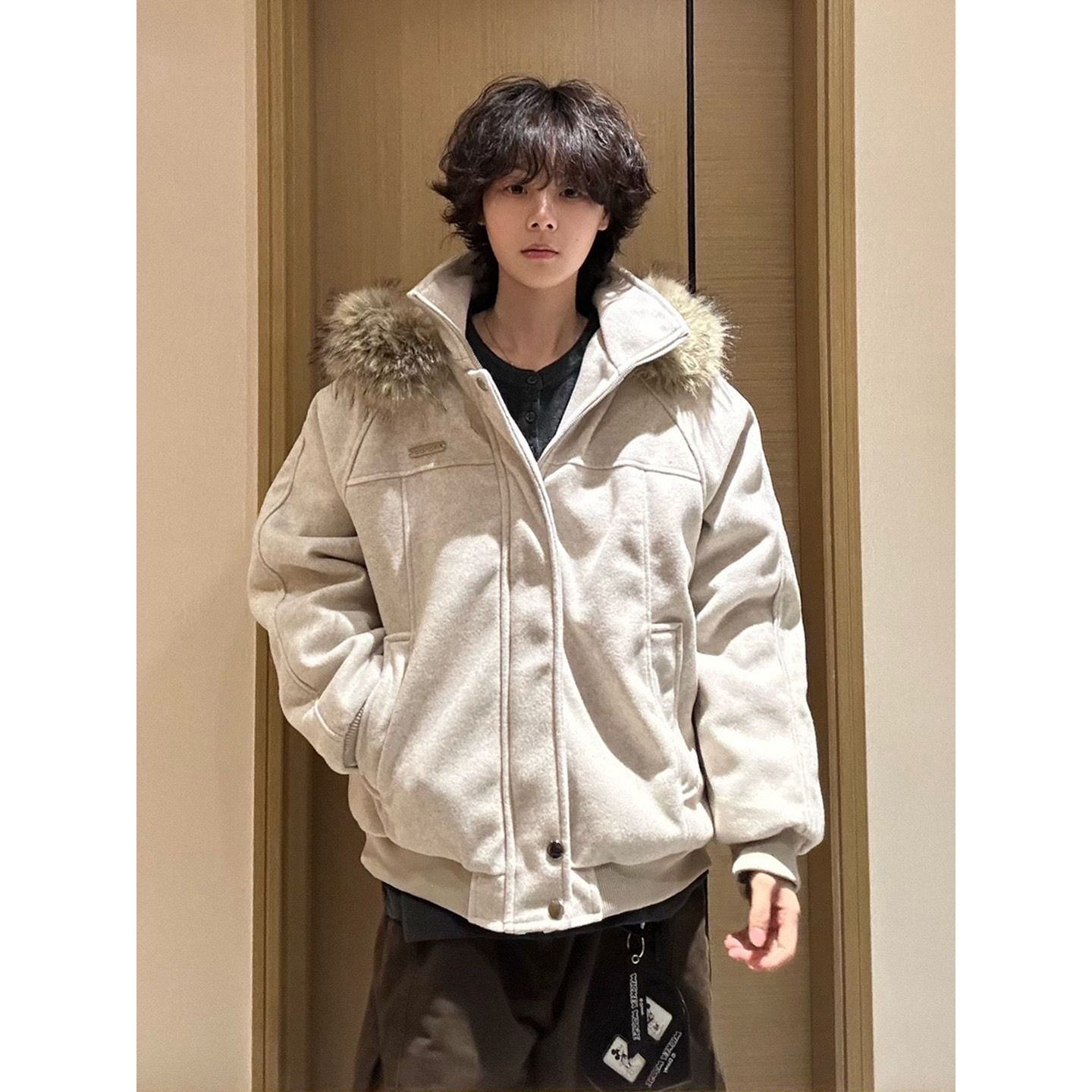 美式大毛领连帽毛呢棉服男款冬季加绒加厚短款派克服保暖呢子外套