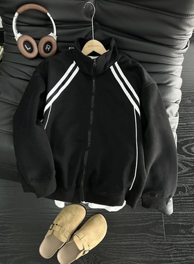 白灰色美式条纹外套男女春季重磅立领卫衣休闲运动开衫棒球服外套