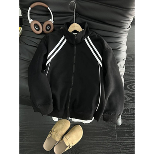 白灰色美式条纹外套男女春季重磅立领卫衣休闲运动开衫棒球服外套