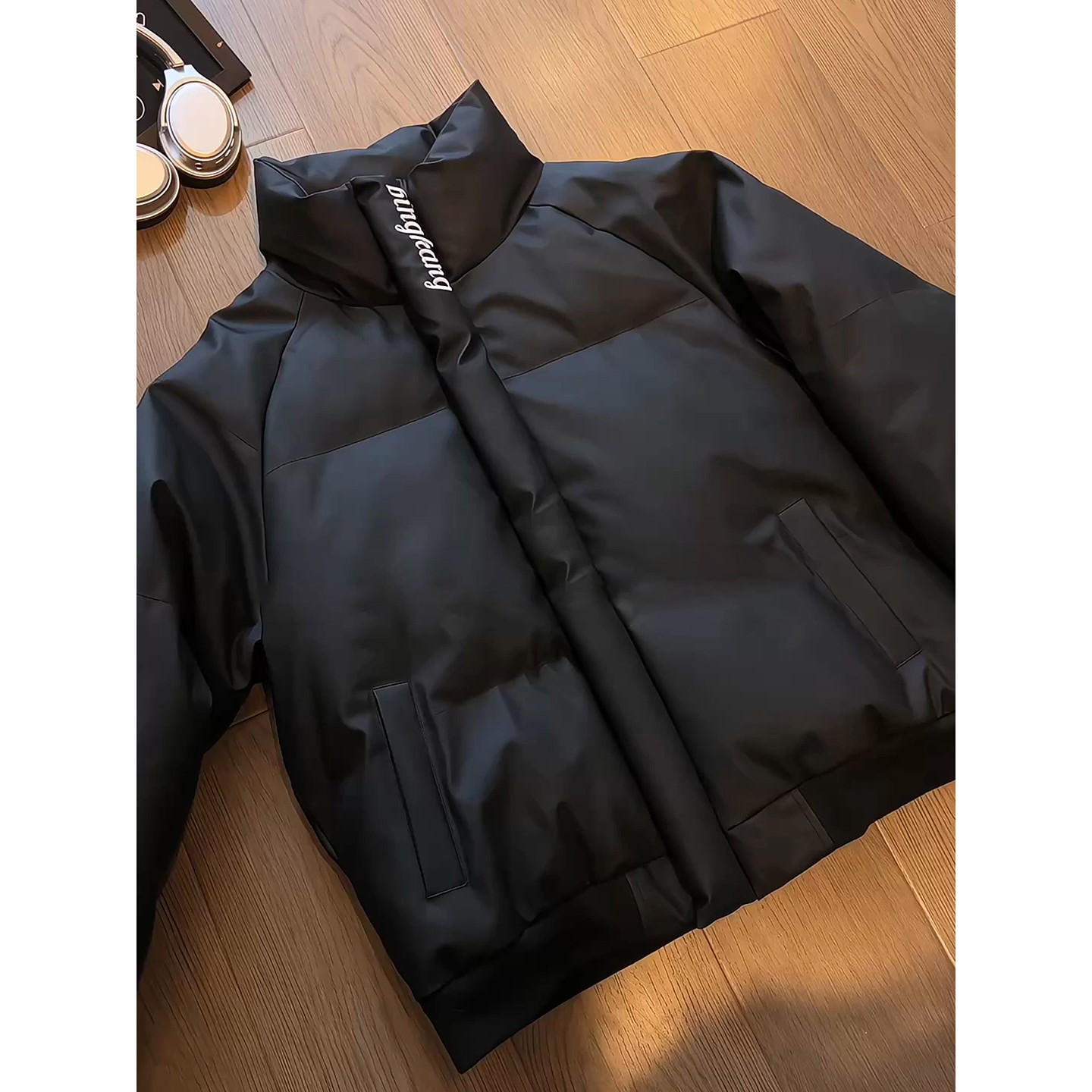 黑色PU皮刺绣羽绒棉服男款冬季