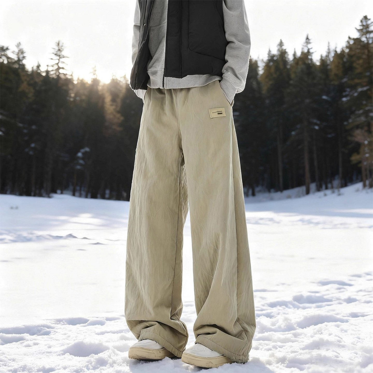 卡其色羊羔绒葫芦纹棉裤男冬季