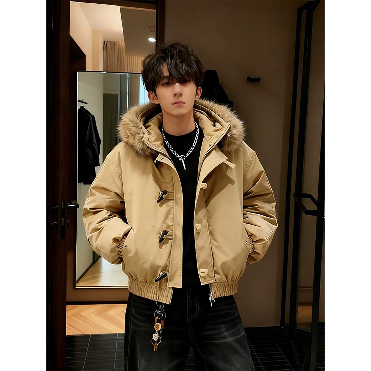 卡其色牛角扣毛领羽绒棉服男冬季美式短款连帽派克服座山雕棉外套,男装,羽绒服,淘宝优惠券,粉丝福利购,淘宝优惠卷