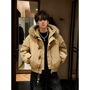 卡其色牛角扣毛领羽绒棉服男冬季美式短款连帽派克服座山雕棉外套