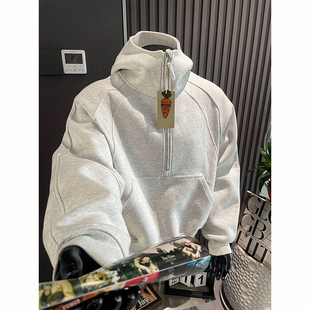 cleanfit白花灰半拉链卫衣男秋季小众解构外套重磅硬挺立领连帽衫