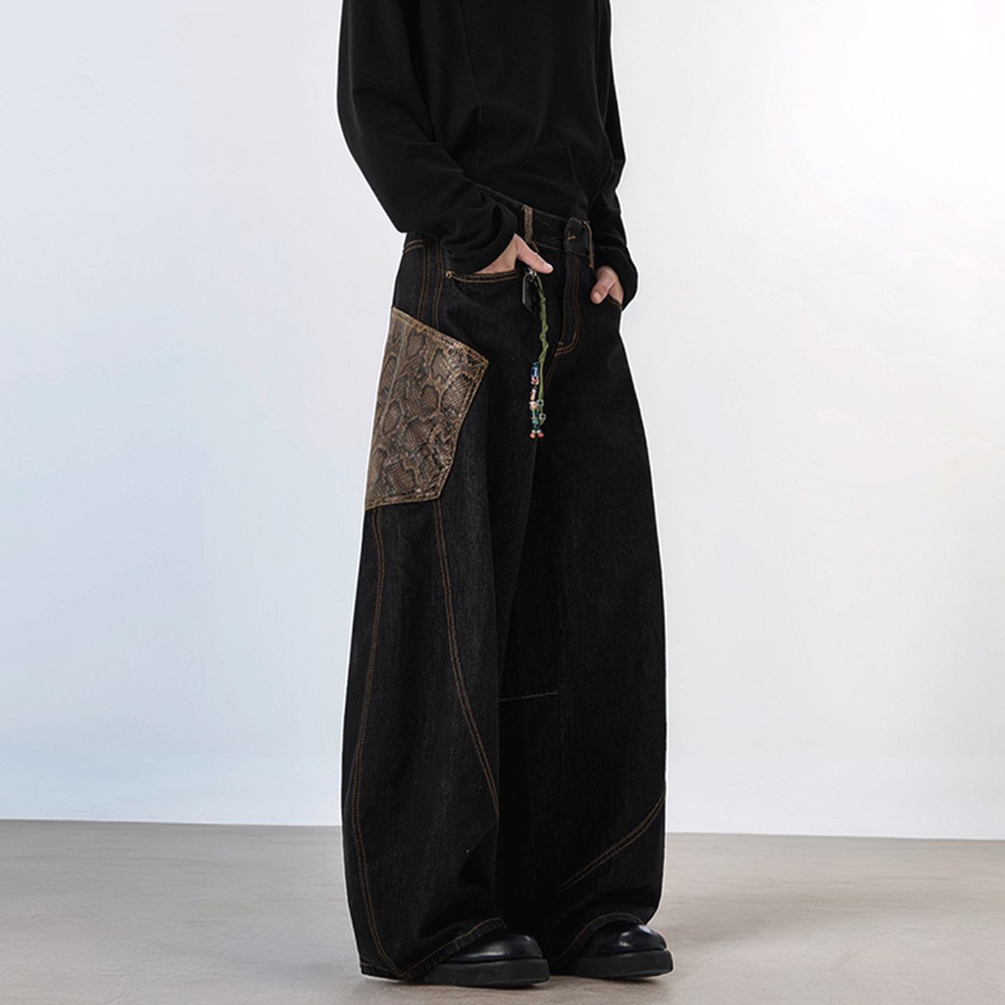 蛇皮蟒纹原牛弯刀牛仔裤男款美式