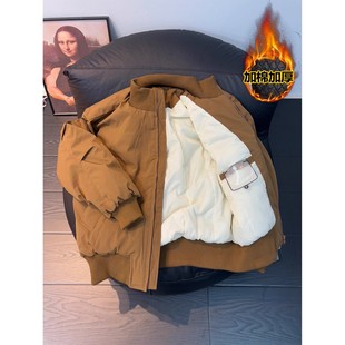 美拉德棕色飞行夹克羽绒男款冬季美式bomber棉服短款廓形立领棉衣