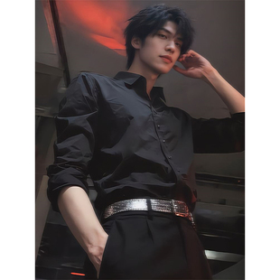 英伦雅痞黑色衬衫西装内搭男士人夫感穿搭外套高级感痞帅长袖衬衣