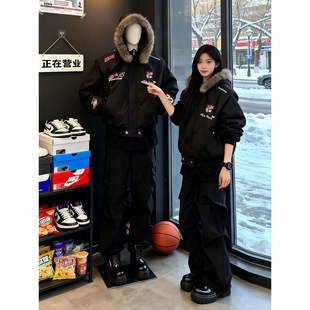 徽章刺绣棉服加厚保暖座山雕夹克 冬季 美式 hiphop赛车服棉衣男女款