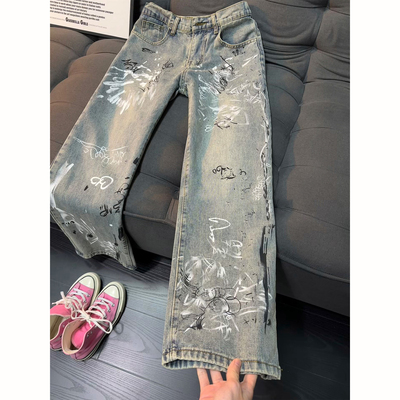 美式高街蓝色泼墨涂鸦牛仔裤男款