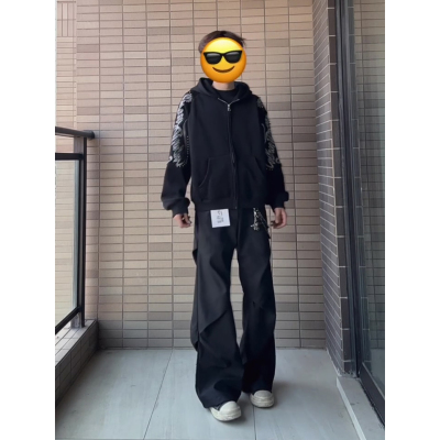 黑色加绒褶皱伞兵西裤男款美式