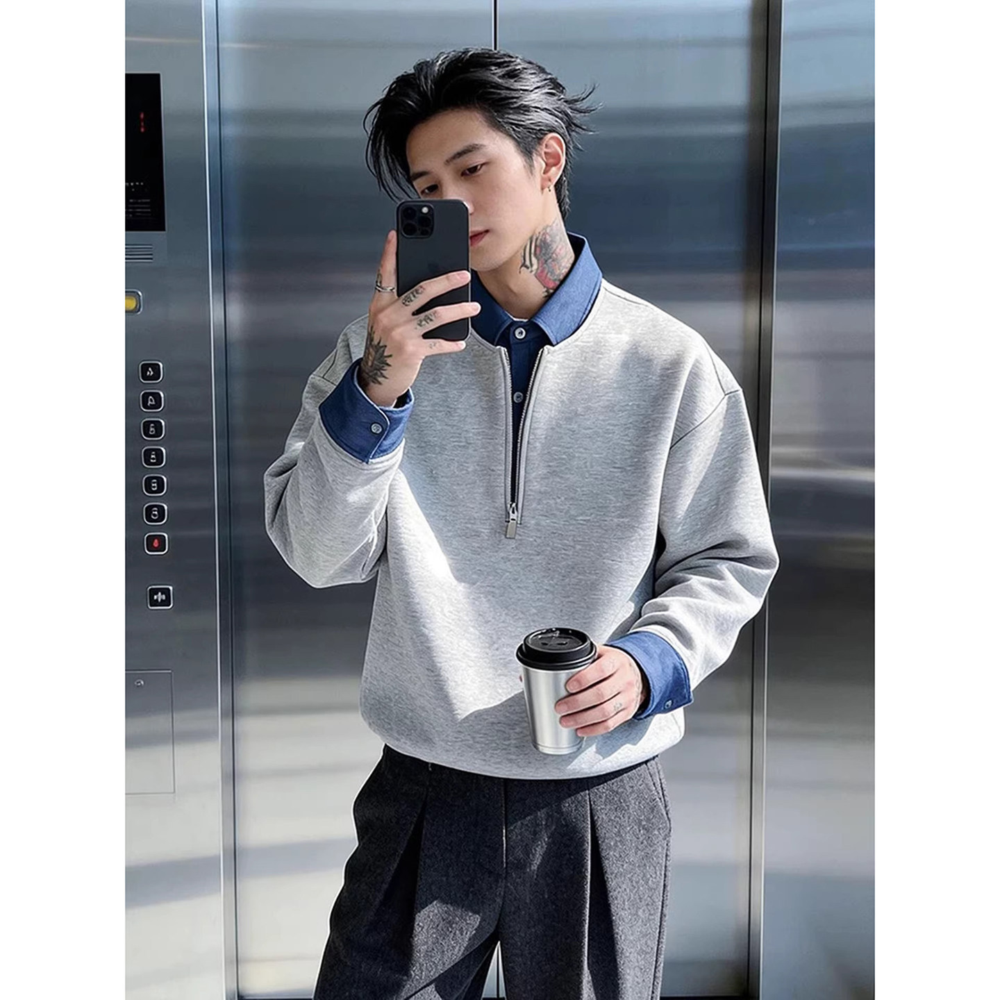 假两件半拉链正肩卫衣男款冬季加绒高级感长袖t恤西装内搭打底衫,男装,卫衣,淘宝优惠券,粉丝福利购,淘宝优惠卷