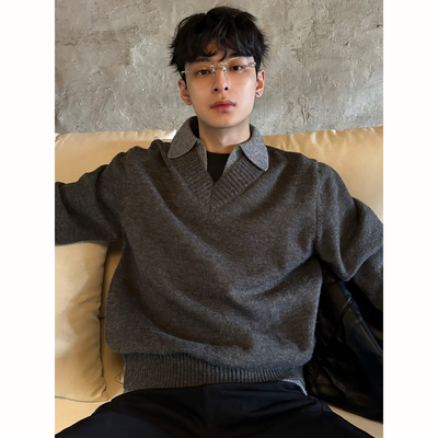 复古撞色假两件v领毛衣男款秋冬