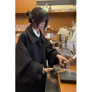 黑色克苏鲁文职呢绒外套男冬季中长款毛呢大衣高级感痞帅翻领风衣