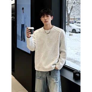 白花灰解构无帽卫衣男秋冬美式加绒加厚长袖t恤高级感内搭打底衫