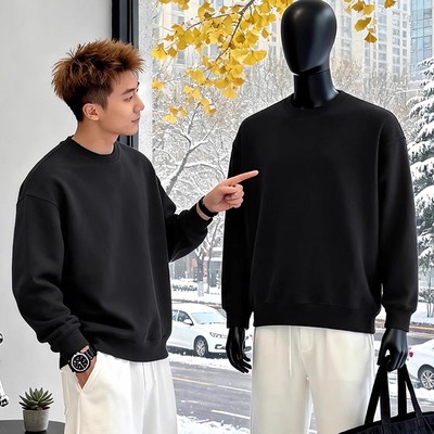 黑色无帽圆领卫衣男秋冬季美式