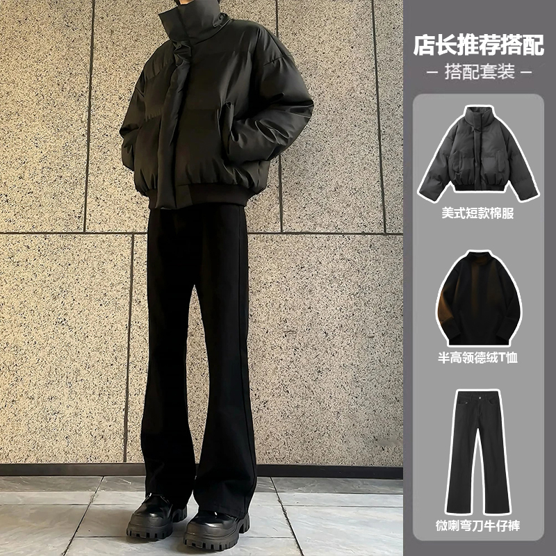 美式短款pu皮羽绒棉服男生穿搭