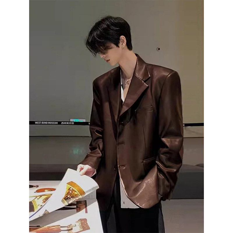 棕色垫肩pu皮衣西服外套美拉德