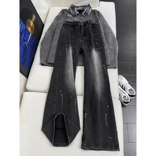 黑色渐变漆点泼墨牛仔裤美式高街男生ootd穿搭裤子直筒宽松阔腿裤