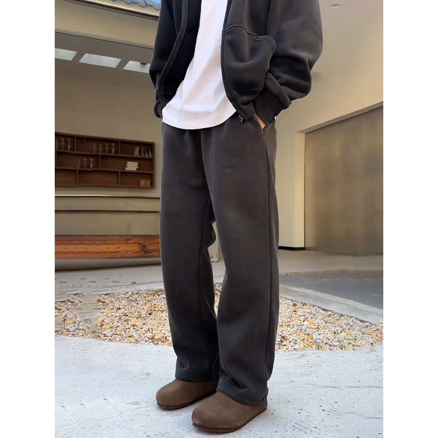 深灰色重磅加绒卫裤男秋冬美式垂感阔腿弯刀裤宽松直筒运动休闲裤,男装,休闲裤,淘宝优惠券,粉丝福利购,淘宝优惠卷