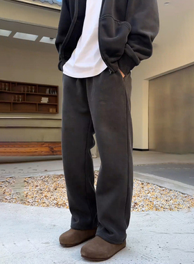 深灰色重磅加绒卫裤男秋冬美式垂感阔腿弯刀裤宽松直筒运动休闲裤