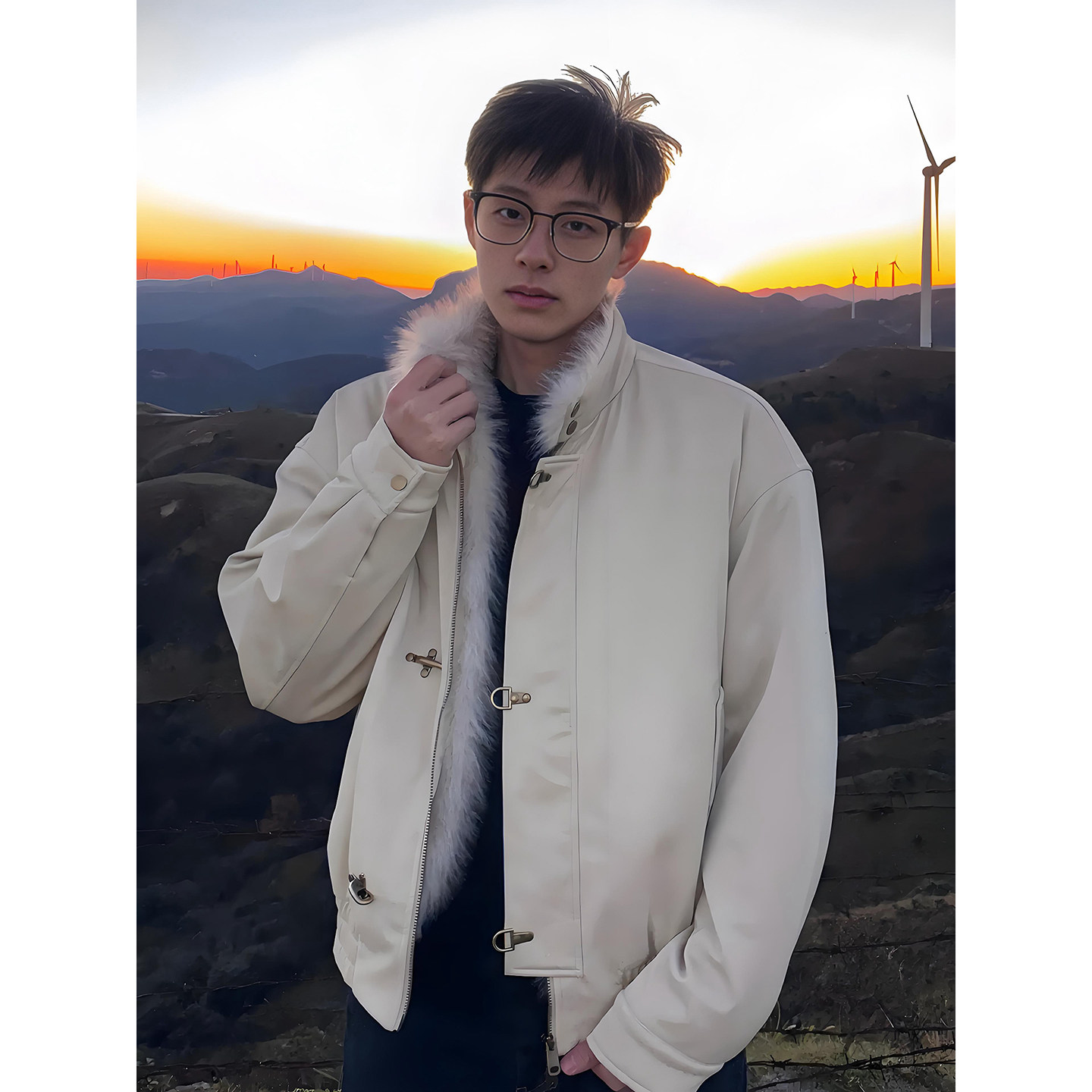 杏色毛领座山雕棉服男款冬季