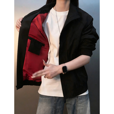 黑色红内bomber飞行夹克男春季