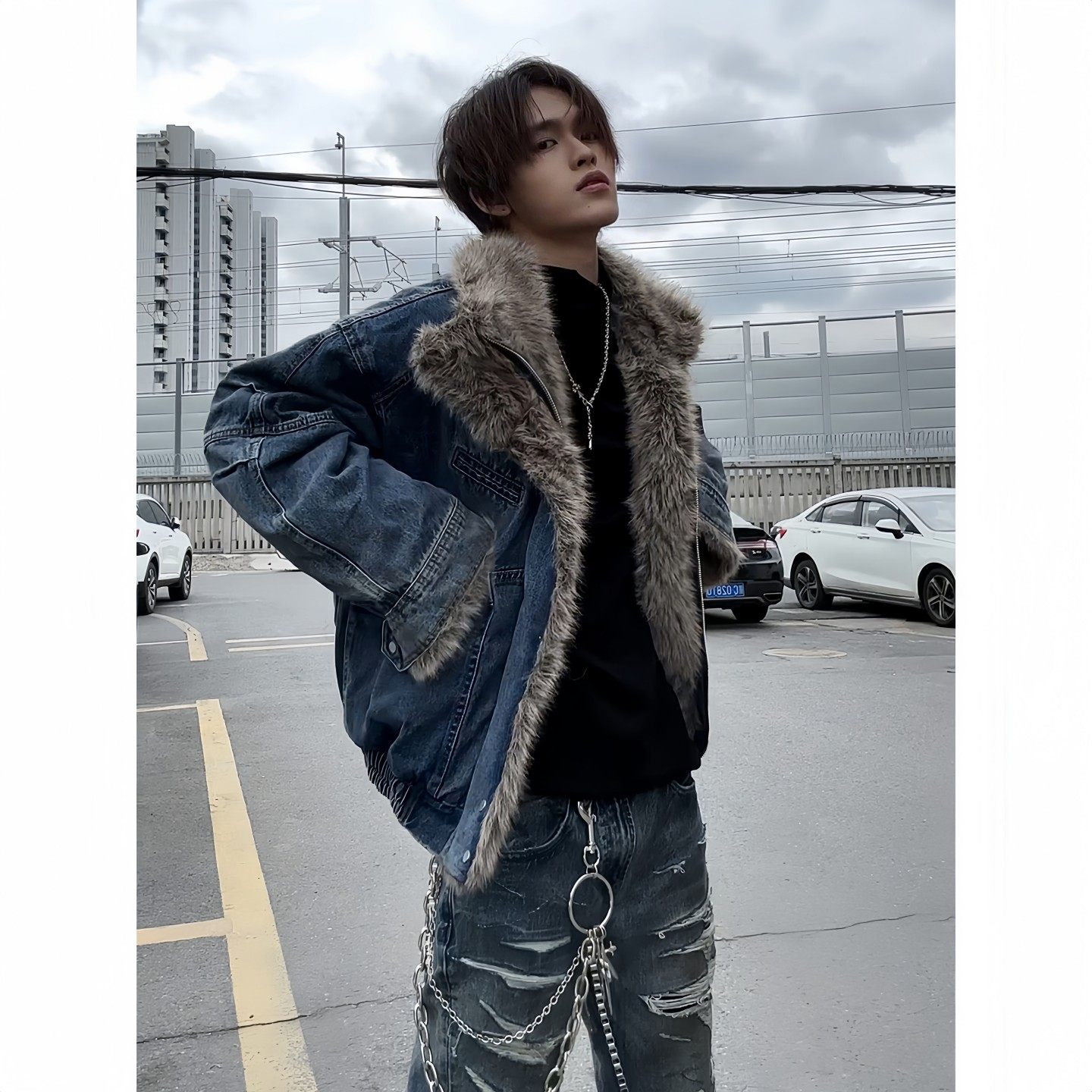 美式复古水洗牛仔座山雕外套冬装男潮牌痞帅短款廓形毛绒夹克棉服