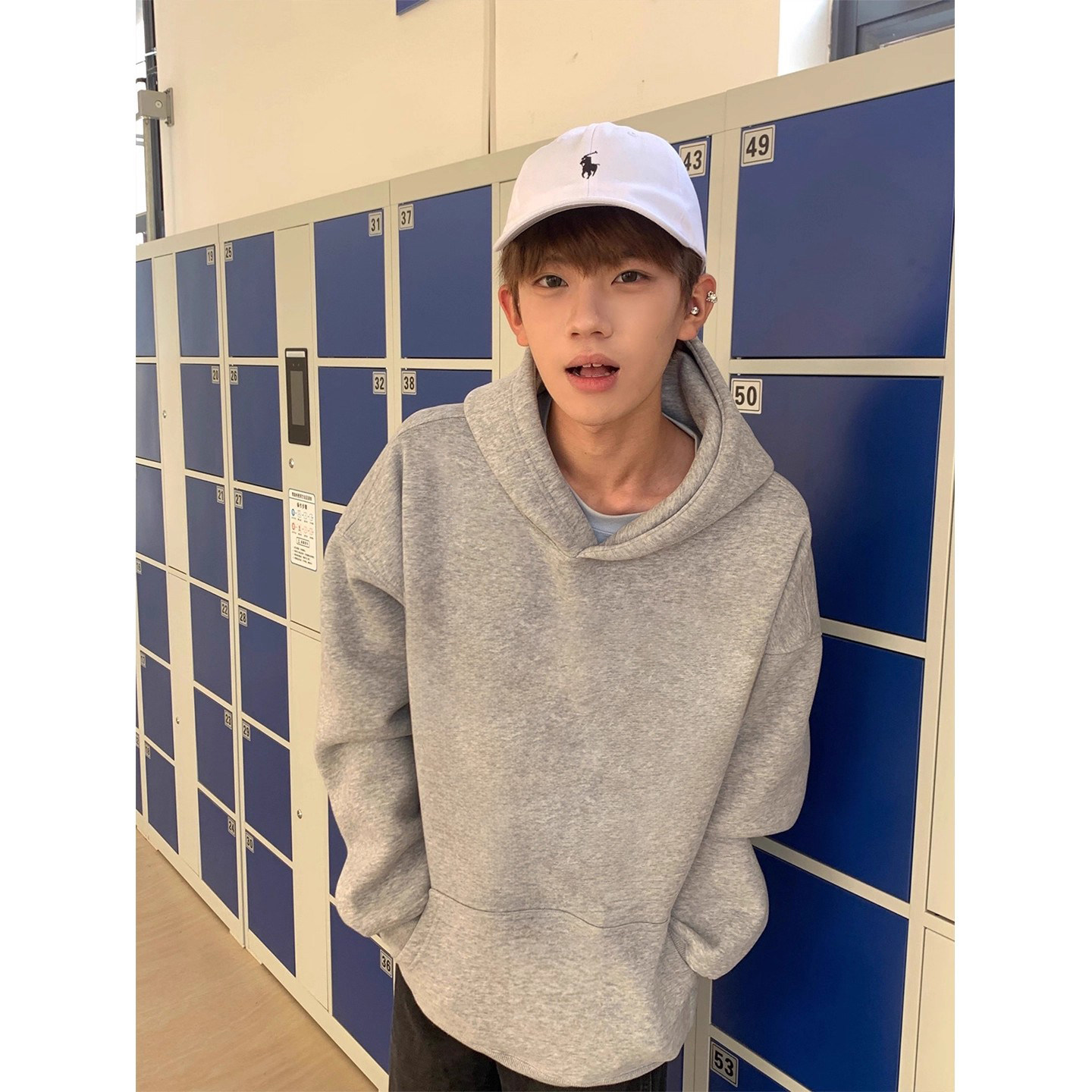 白花灰美式连帽卫衣秋冬加绒加厚