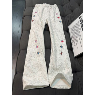 美式重磅白花灰卫裤男高街hiphop扎染刺绣裤子直筒斜切微喇弯刀裤