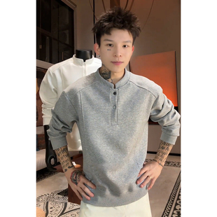 上衣 型内搭卫衣解构拼接长袖 美式 正肩亨利领加绒t恤男秋冬boxy版