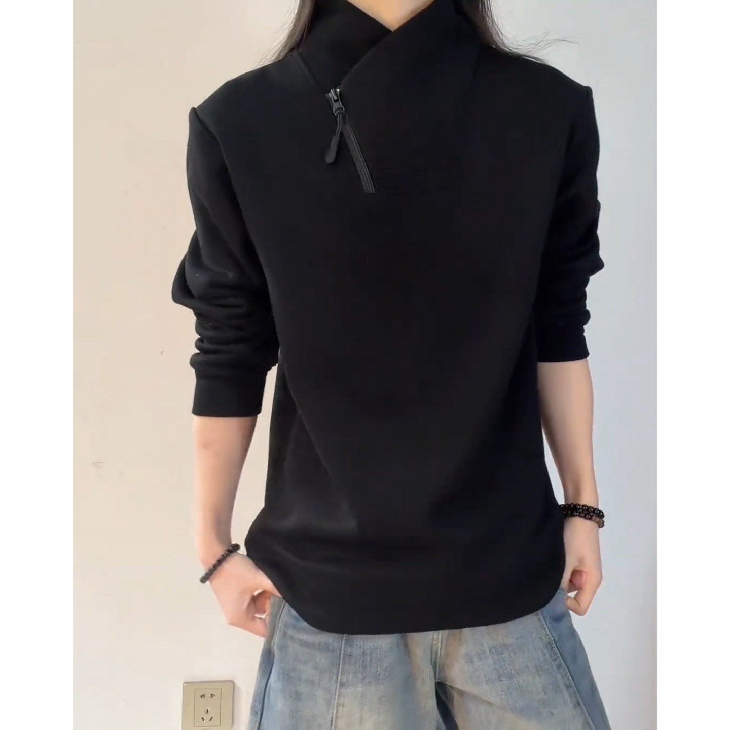 黑色交叉半高领拉链卫衣男秋冬季无帽版长袖t恤加绒加厚保暖内搭,男装,卫衣,淘宝优惠券,粉丝福利购,淘宝优惠卷