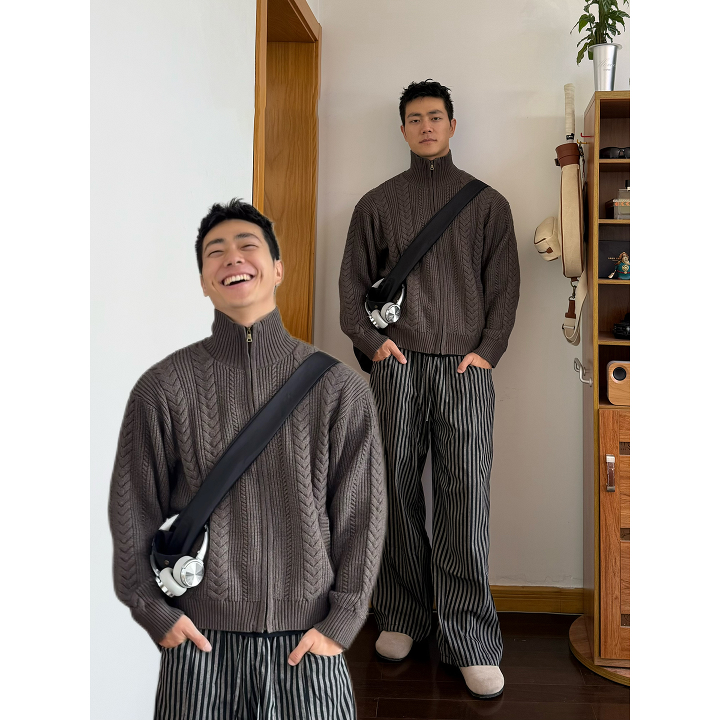 美拉德麻花拉链针织开衫男秋冬