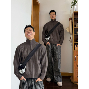 美拉德麻花拉链针织开衫 男秋冬慵懒高级感毛衣潮牌痞帅半高领外套