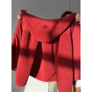 酒红色摇粒绒保暖御寒外套男女冬季加绒加厚连帽棉服超厚防寒棉衣