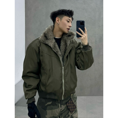 军绿色座山雕毛领棉衣男冬季加绒