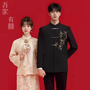 金竹刺绣男士新中式套装加棉加厚西装棉服结婚订婚礼服中山装西服