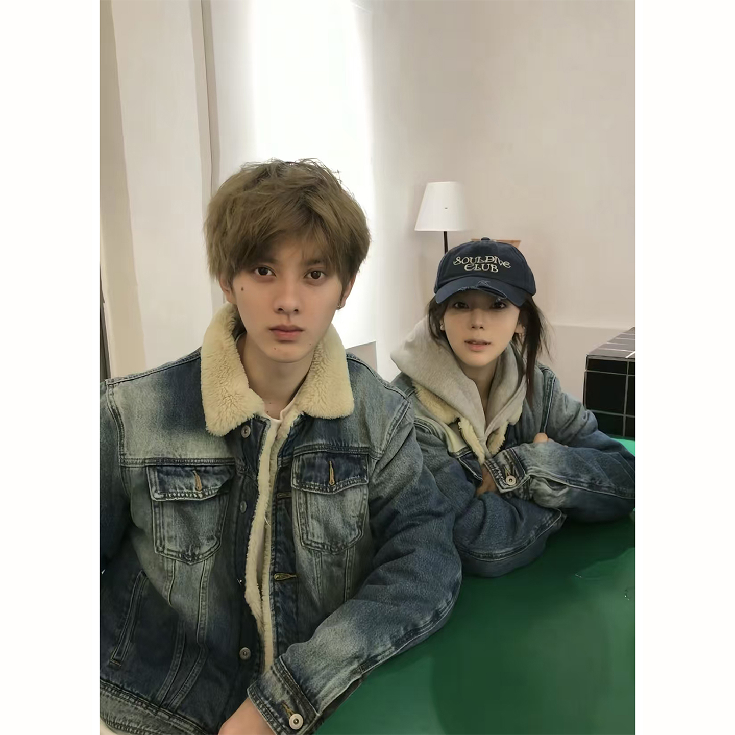 复古蓝色做旧羊羔毛牛仔外套男