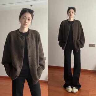 美拉德棕色男士 老钱风慵懒松弛感外套圆领排扣毛线衣 高级针织开衫