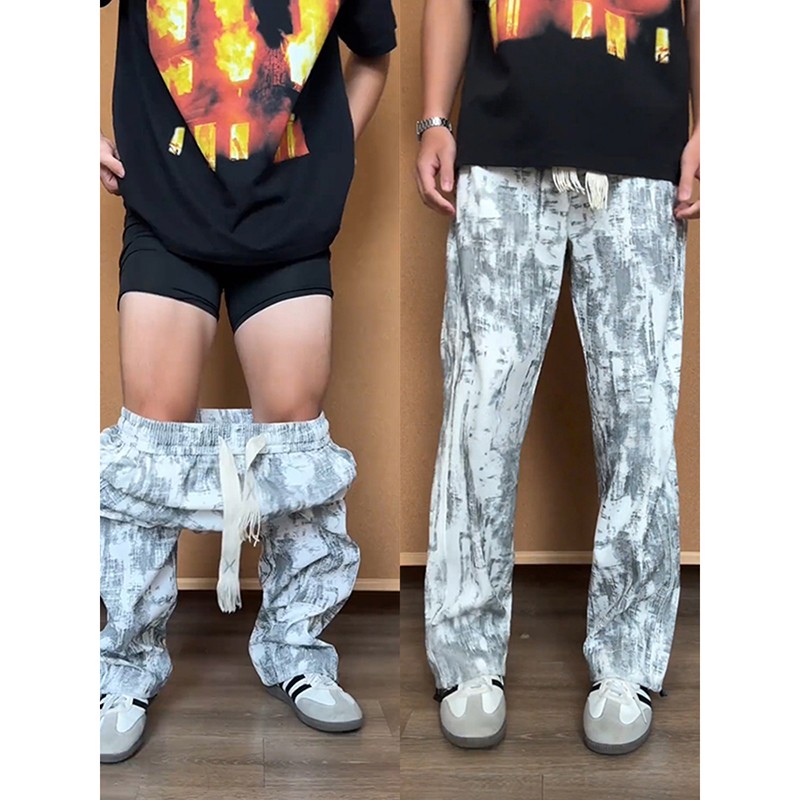 美式扎染休闲卫裤男款秋季腿粗屁股大遮肉显瘦裤子宽松直筒运动裤