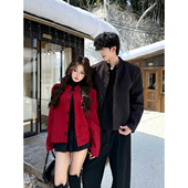 新中式 垫肩红色毛呢西服 老钱风高级感短款 立领小西装 男女情侣套装