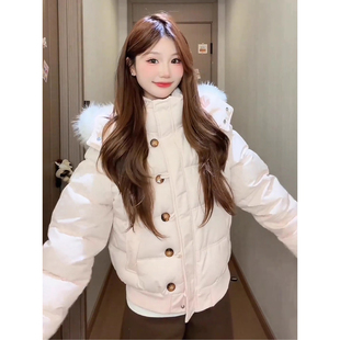 白色大毛领连帽棉服男女款冬季加厚保暖短款面包服高级感情侣外套