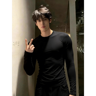 黑色圆领德绒打底衫男秋冬美式正肩修身长袖T恤cleanfit内搭卫衣