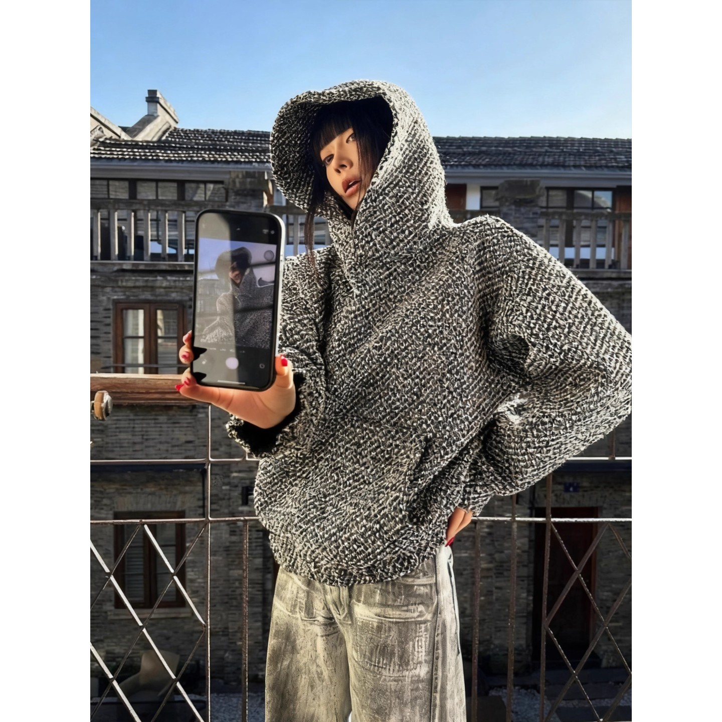 美式复古小香风连帽卫衣男女秋冬