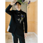 翠竹刺绣男生新中式 西装 西服套装 新郎结婚订婚穿搭立领垫肩中山装