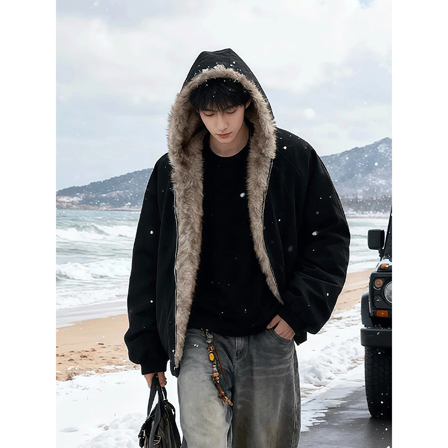 美式高街座山雕连帽外套冬季穿搭